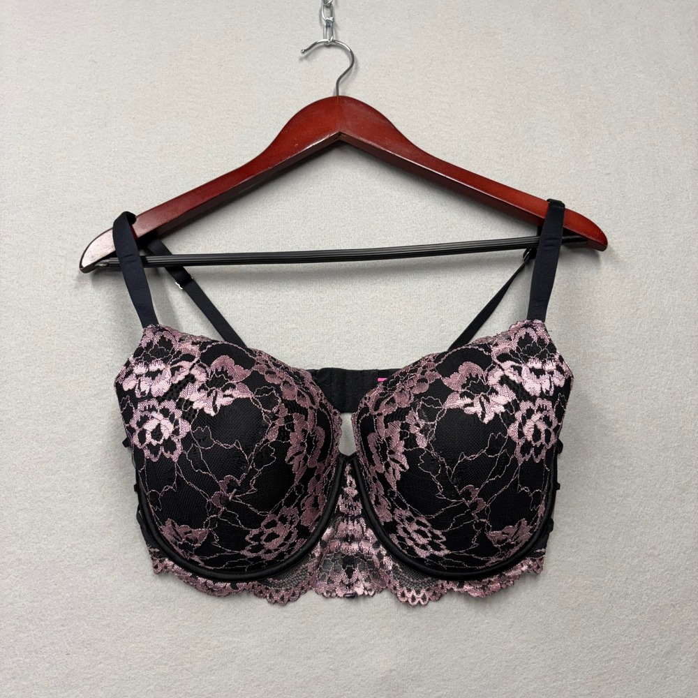 La Senza Bra Women 38DD Black Pink So Free Lace Up Push Up Underwire Floral